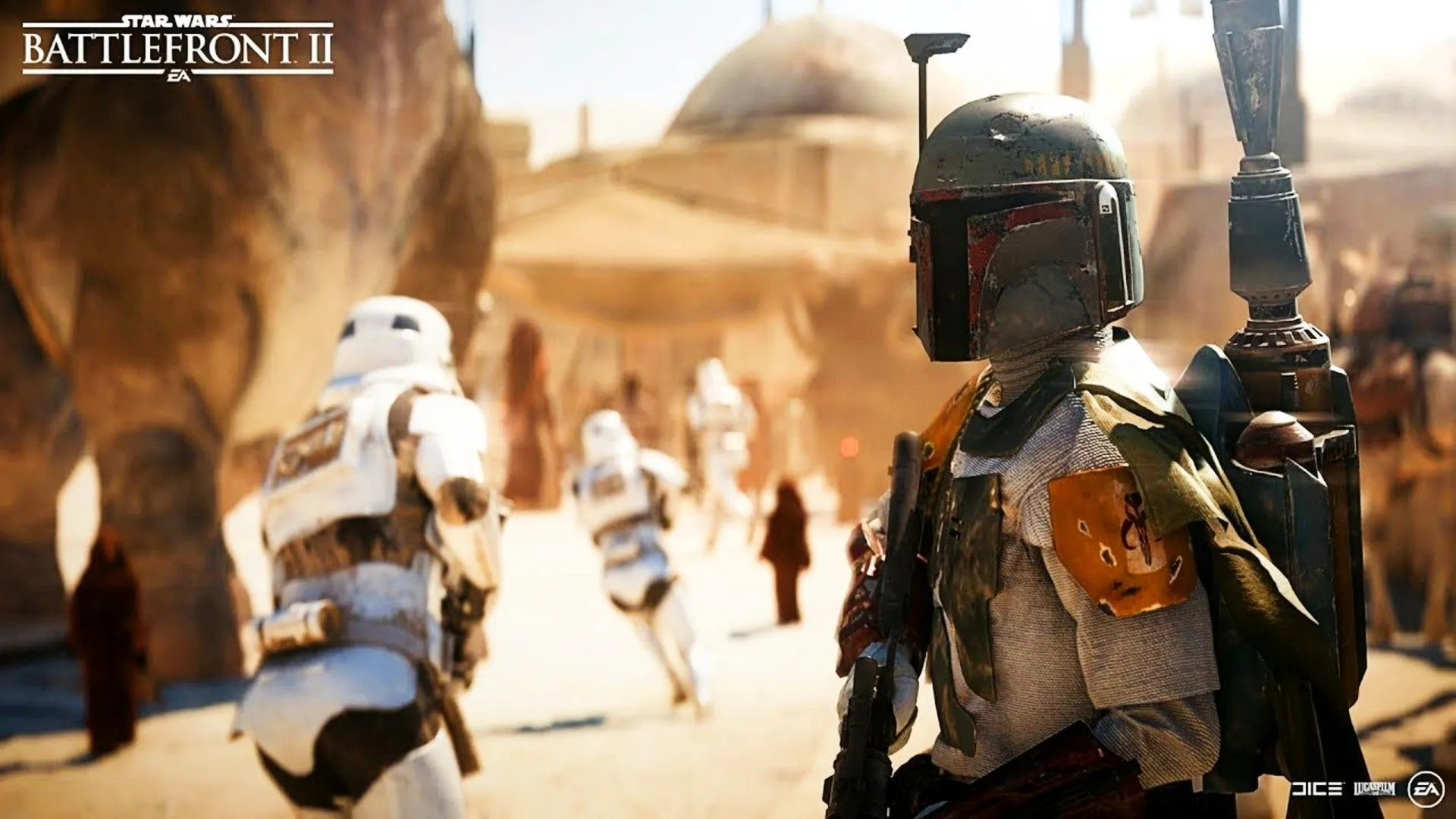 Boba Fett đứng cạnh các Stormtrooper đang chạy trốn trong một cảnh chiến đấu trong Star Wars Battlefront 2