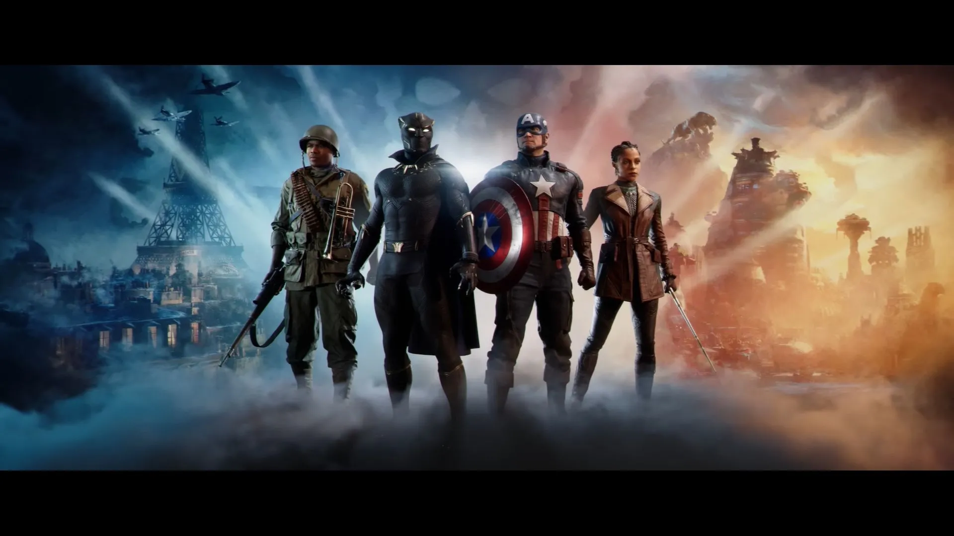 Bốn nhân vật chính trong game Marvel 1943 Rise of Hydra: Captain America, Black Panther, Gabriel Jones và Nanali.