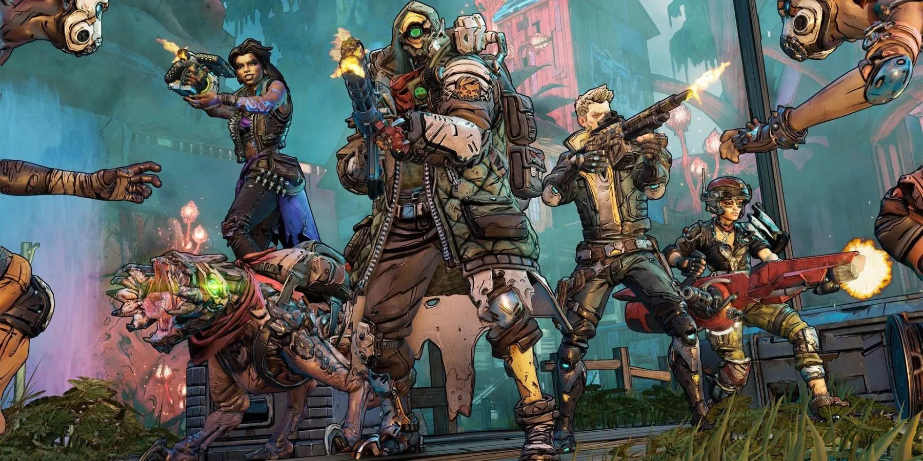 Bốn Thợ Săn Hầm Ngục (Vault Hunters) của Borderlands 3 cùng nhau chiến đấu, thể hiện lối chơi co-op đặc trưng của game.