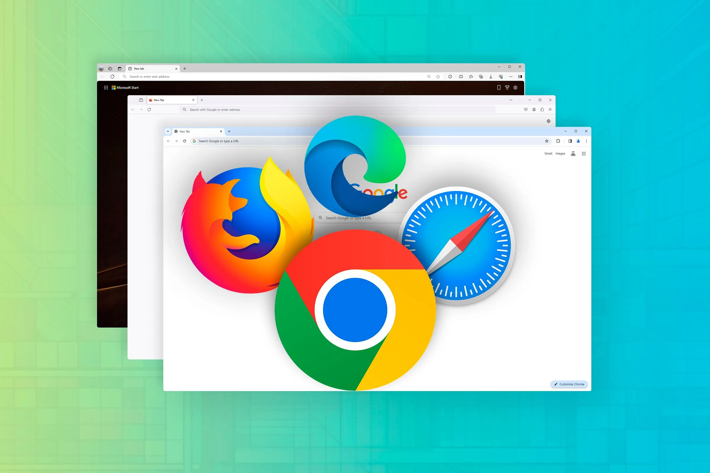 Các biểu tượng trình duyệt Chrome, Firefox, Safari, Edge trên nền các tab đang mở, so sánh chính sách phát triển tiện ích.