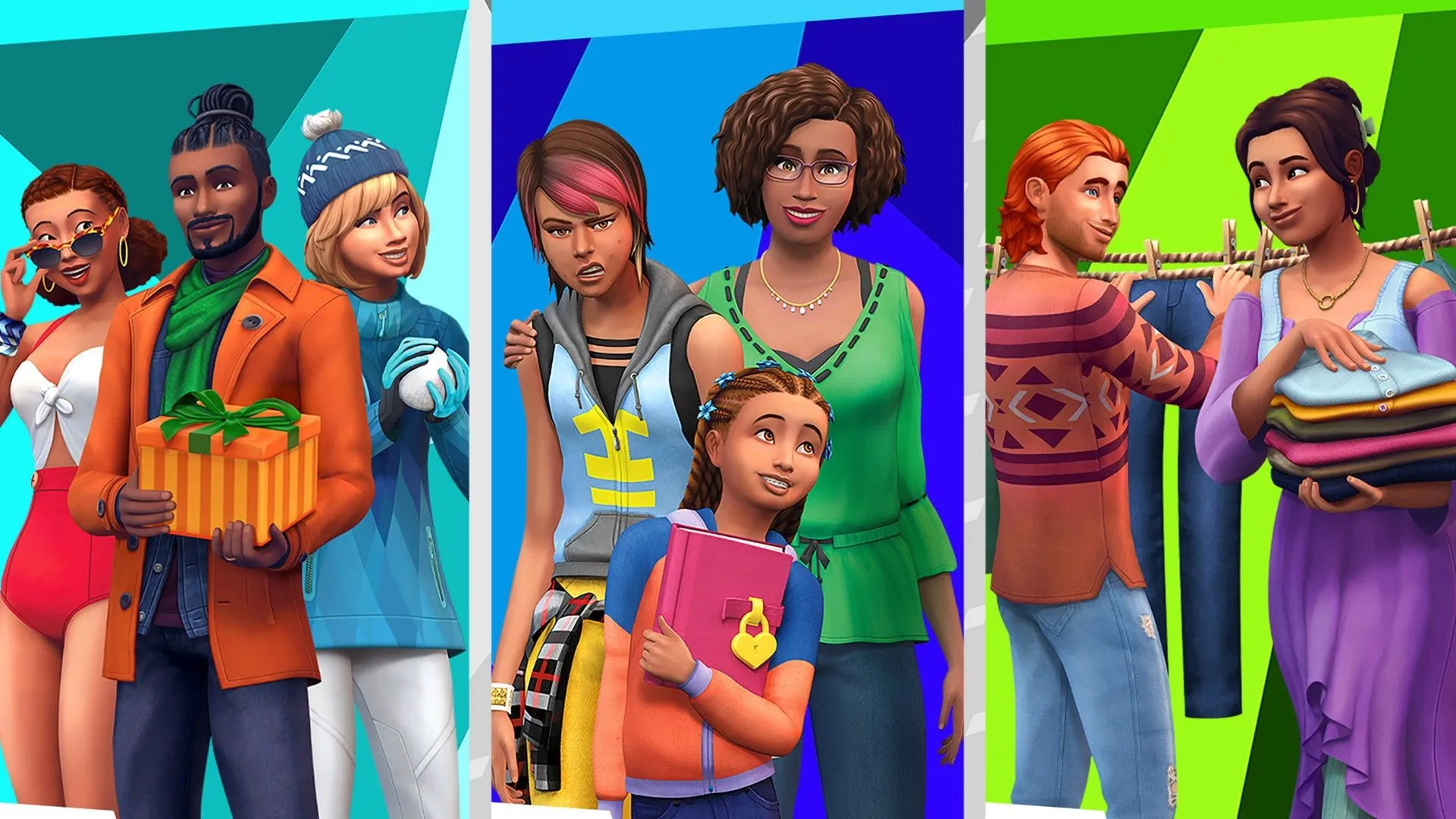 Các gói DLC của The Sims 4 được minh họa bởi các Sim đang tạo dáng, tượng trưng cho chiến lược phát hành nội dung trả phí của EA.