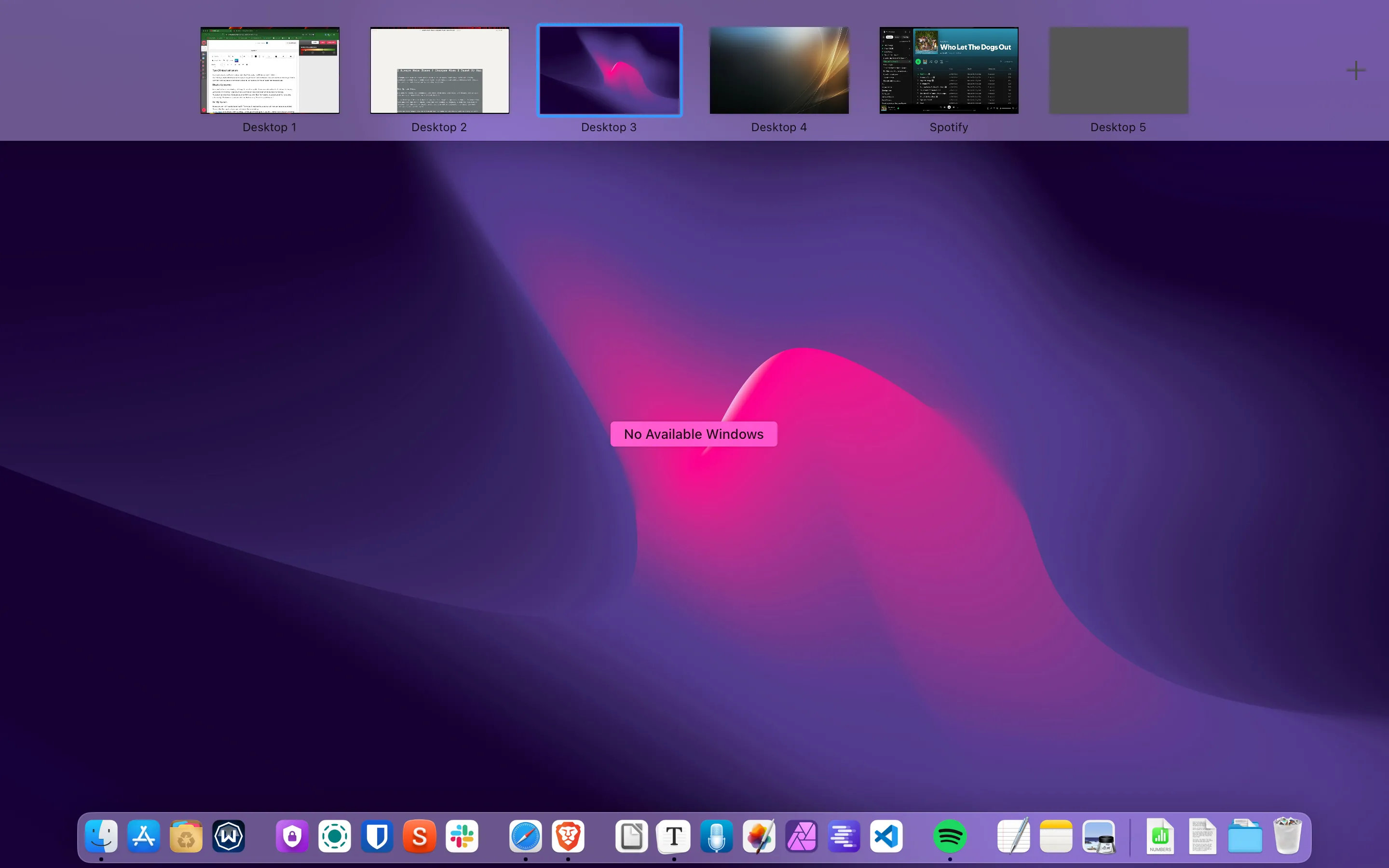 Các không gian làm việc (Spaces) trong Mission Control trên macOS.