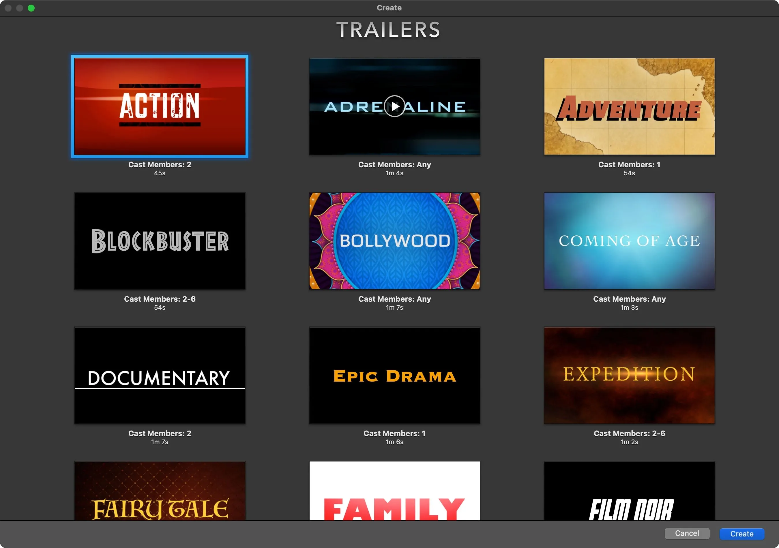 Các mẫu trailer có sẵn trong iMovie cho Mac để người dùng lựa chọn.