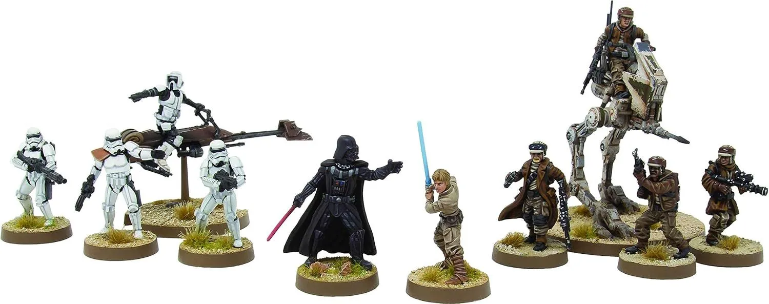 Các mô hình chi tiết của quân đội và anh hùng trong game mô hình chiến thuật Star Wars: Legion, sẵn sàng cho trận chiến.
