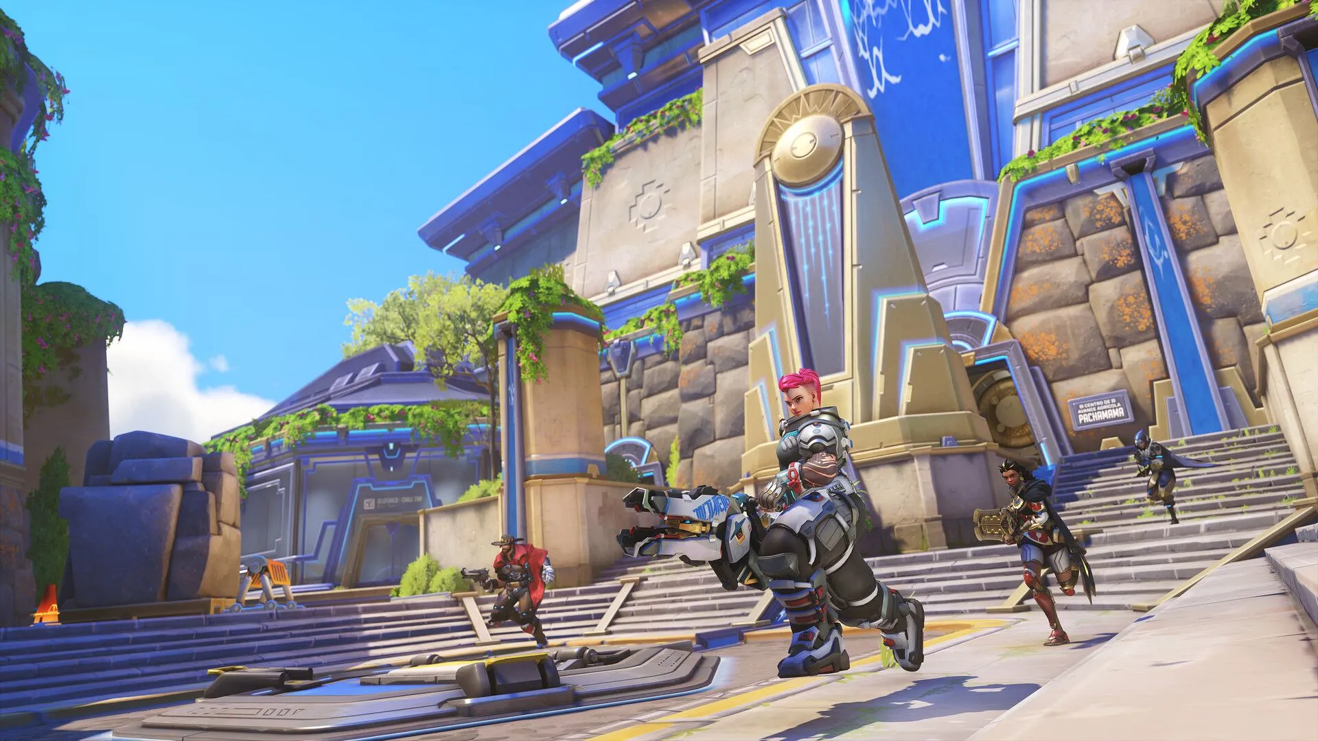 Các nhân vật Overwatch 2 đứng trước công trình kiến trúc cổ điển trong bản đồ đẩy mới, minh họa cho gameplay của Overwatch