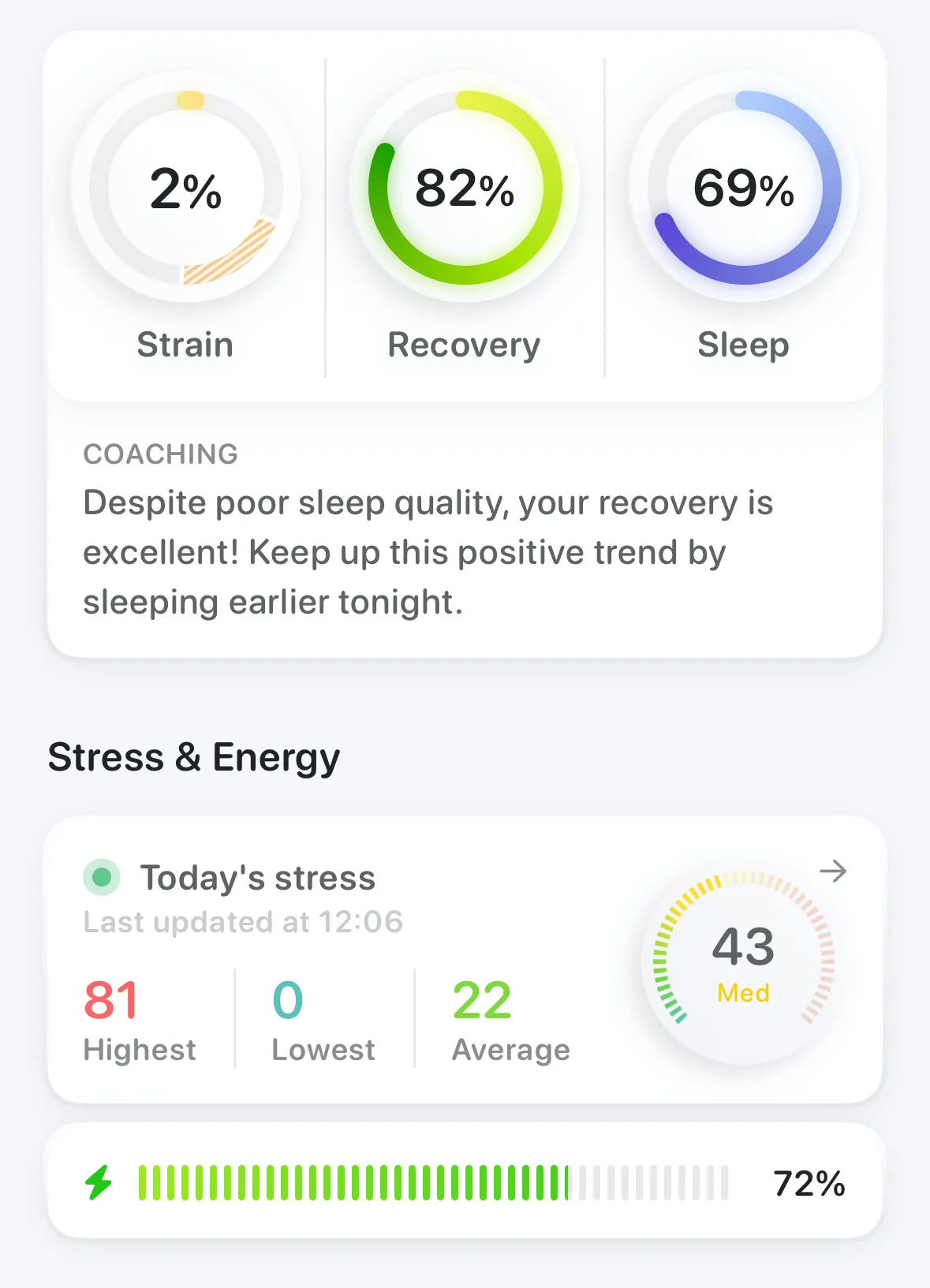 Các số liệu về mức độ căng thẳng, phục hồi, giấc ngủ và năng lượng trong ứng dụng Bevel