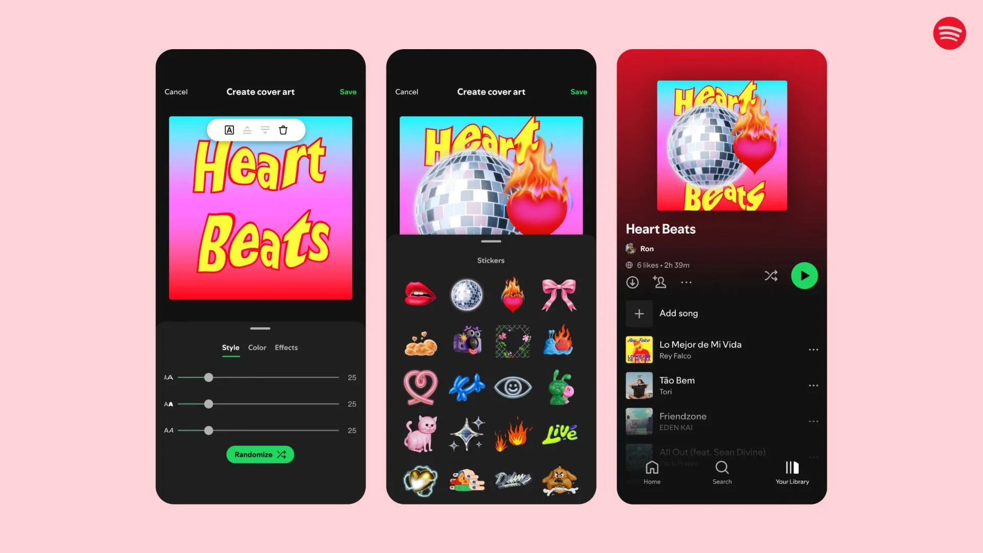 Các sticker Valentine's Day của Spotify trên giao diện ứng dụng