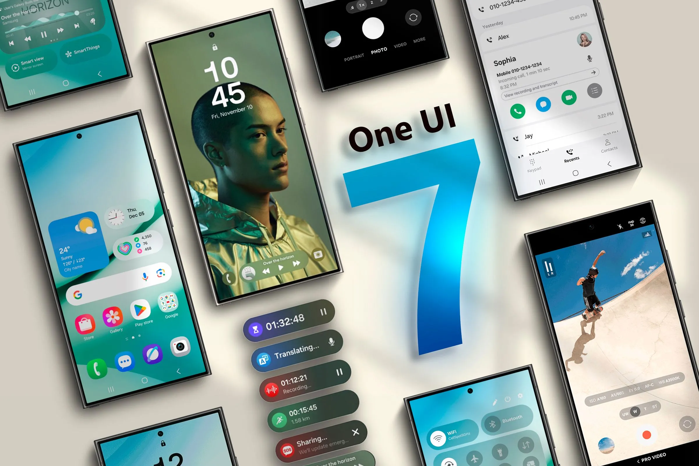 Các thiết bị Samsung Galaxy S24 đặt cạnh nhau hiển thị giao diện One UI 7 của Android 15