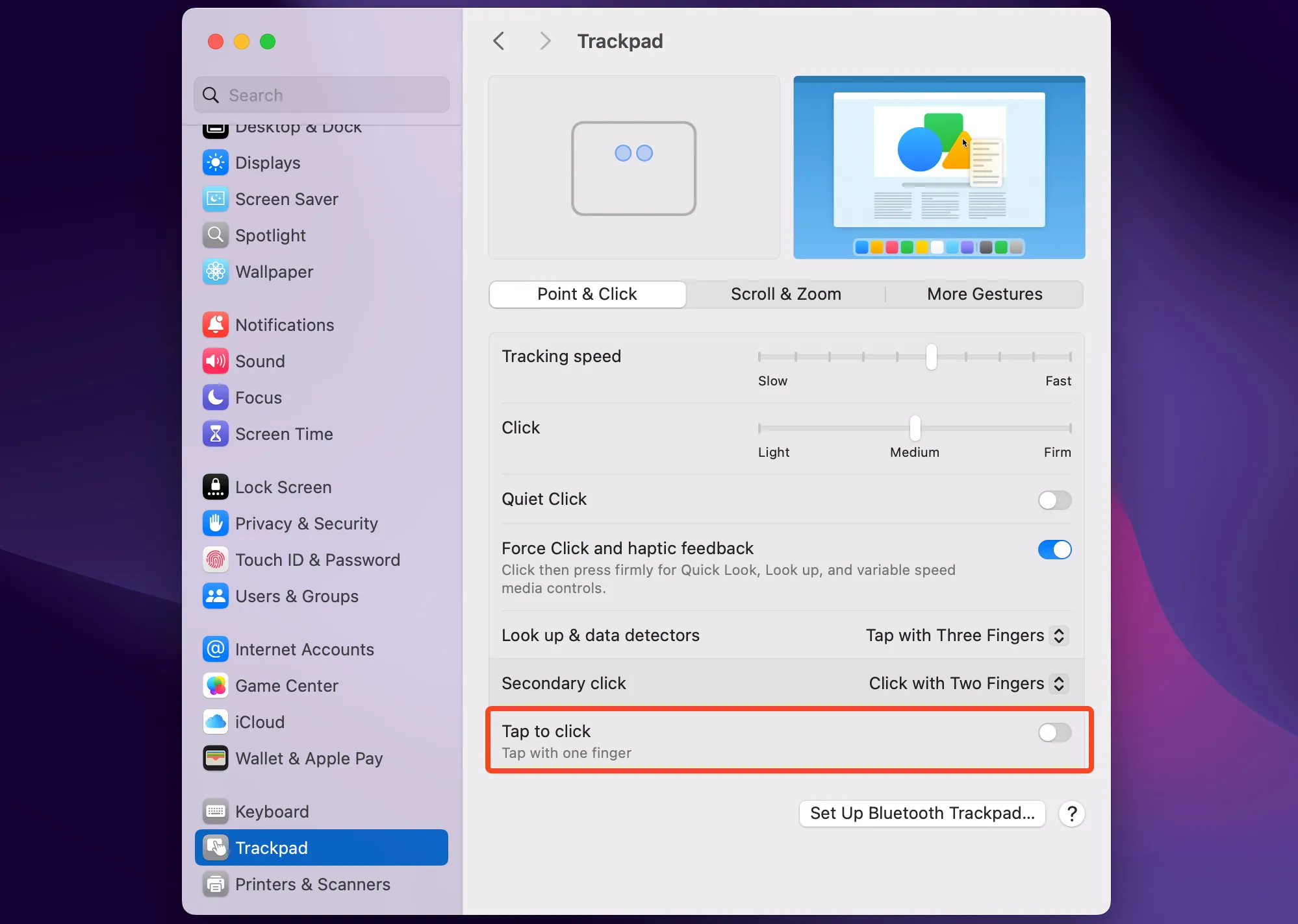 Các tùy chọn cài đặt bàn di chuột (trackpad) trên macOS.