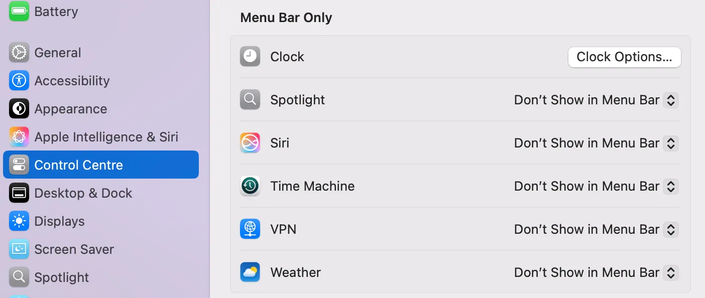 Các tùy chọn cài đặt thanh menu bar và trung tâm điều khiển trong macOS.