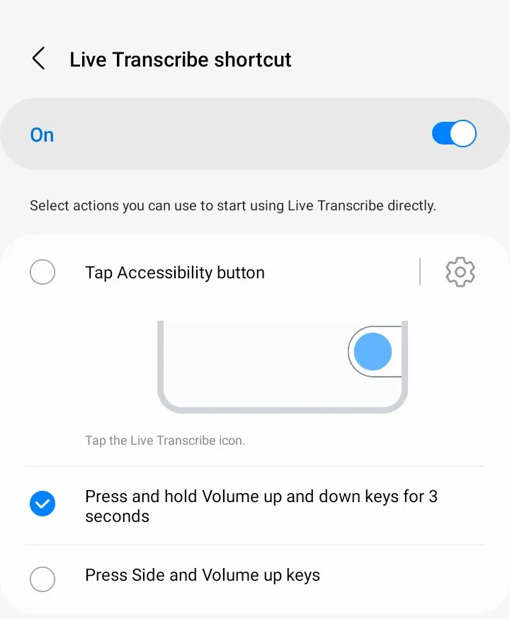 Các tùy chọn phím tắt để kích hoạt nhanh tính năng Live Transcribe trên điện thoại Samsung
