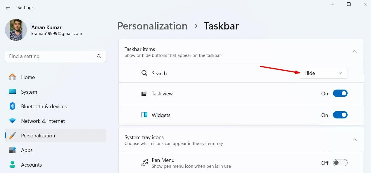 Cách ẩn ô tìm kiếm trên thanh tác vụ Windows 11 qua cài đặt cá nhân hóa