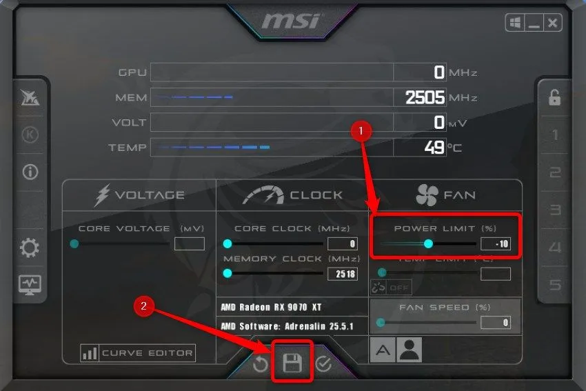 Cách giới hạn công suất (Power Limit) cho GPU NVIDIA trong MSI Afterburner như một giải pháp thay thế undervolt