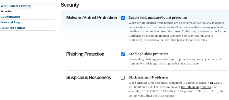 Cài đặt bảo mật của OpenDNS Home, giải thích các tùy chọn lọc nội dung khác nhau như chặn phishing, mã độc và các danh mục web cụ thể.