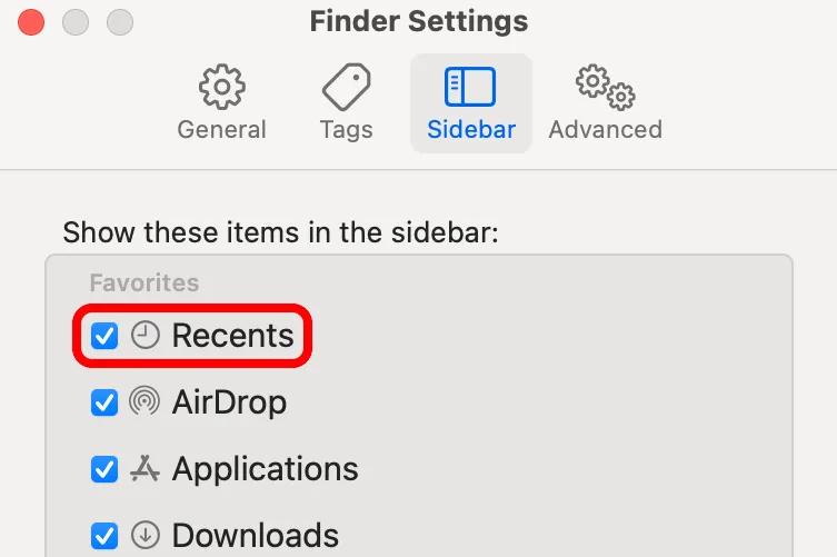 Cài đặt Finder của macOS hiển thị tab &quot;Sidebar&quot; với tùy chọn &quot;Recents&quot; được đánh dấu để hiển thị trong thanh bên.