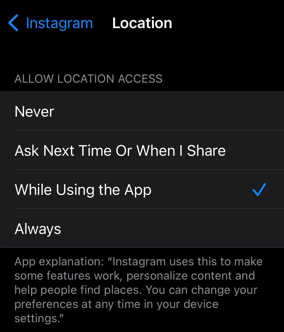 Cài đặt quản lý quyền truy cập vị trí của Instagram trên iOS