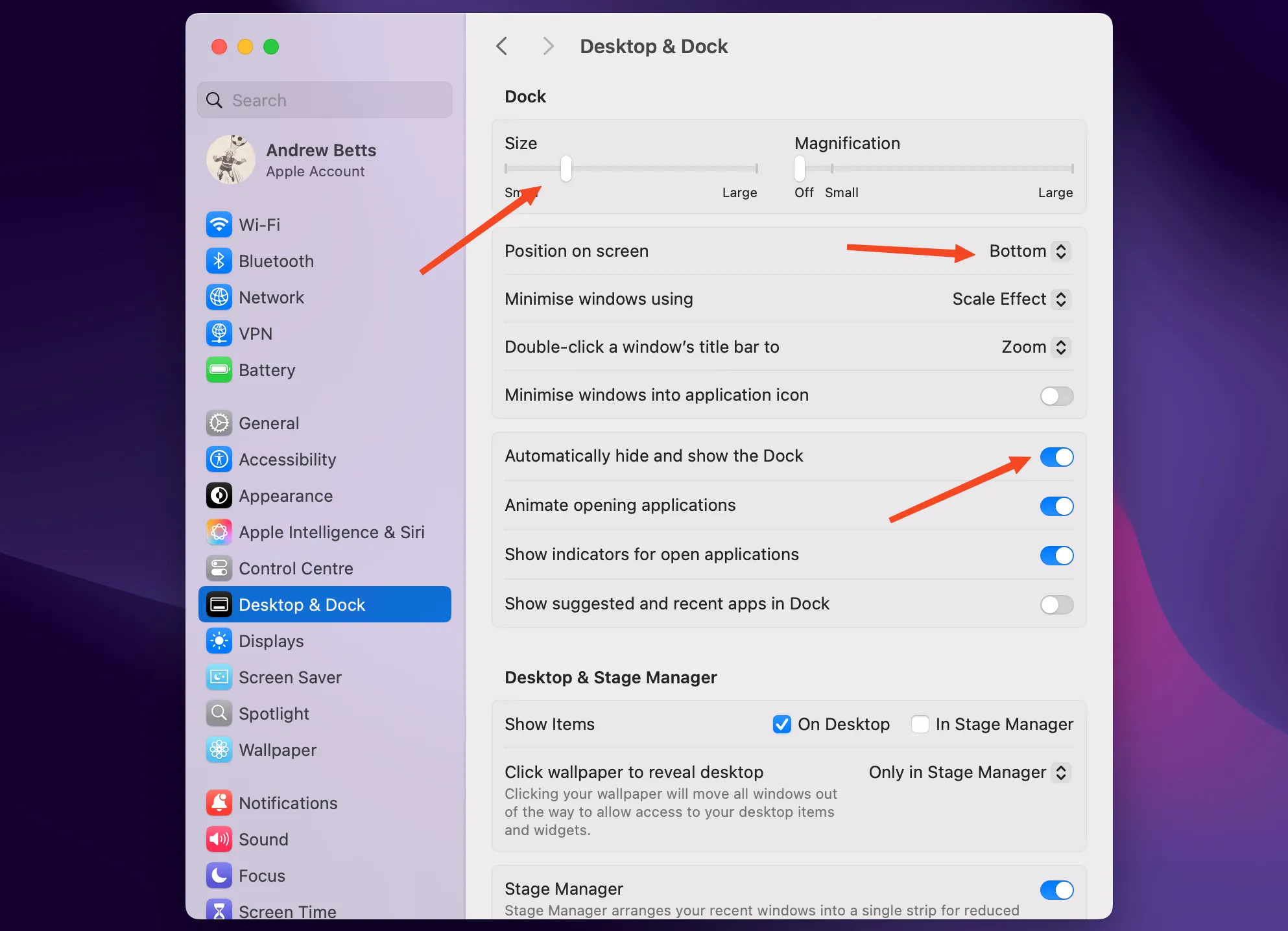 Cài đặt thanh Dock trên macOS, hiển thị các tùy chọn ẩn Dock và kích thước.