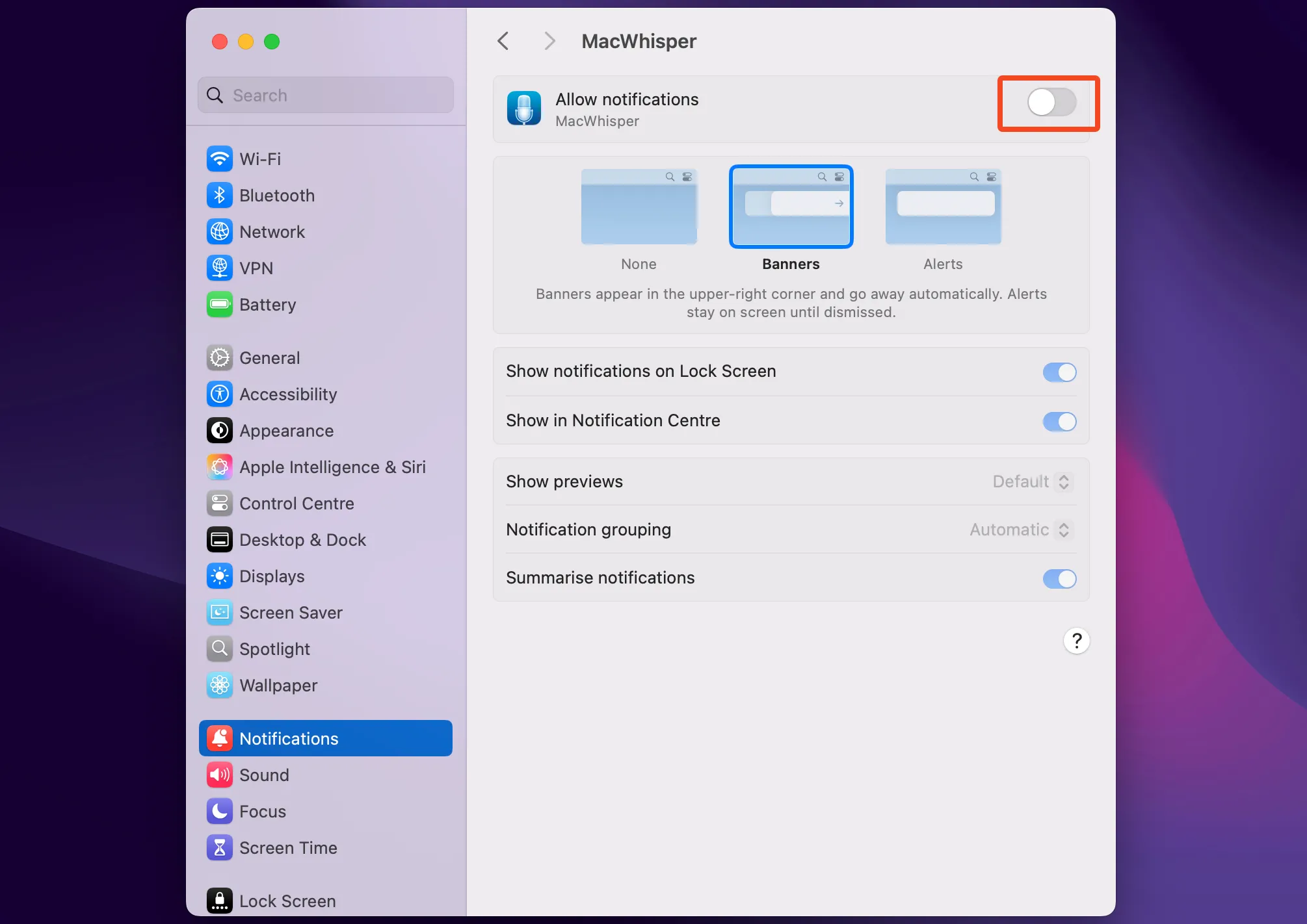 Cài đặt thông báo trên macOS, hiển thị danh sách các ứng dụng và tùy chọn thông báo.