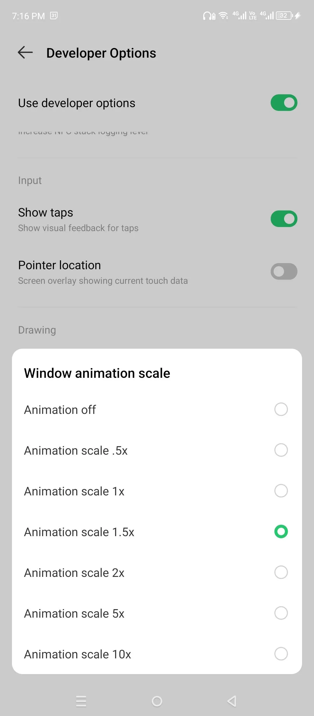 Cài đặt tỷ lệ hoạt ảnh cửa sổ (Window Animation Scale) trong Chế độ nhà phát triển Android để tăng tốc độ phản hồi thiết bị
