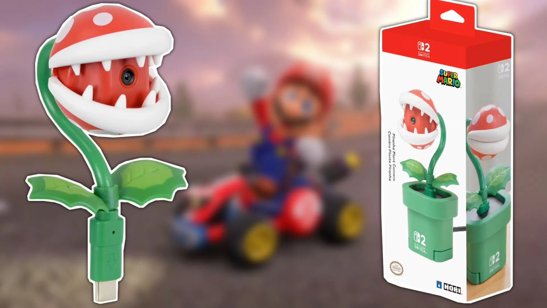Camera Hori Piranha Plant cho Nintendo Switch 2 cùng hình ảnh Mario trong Mario Kart World