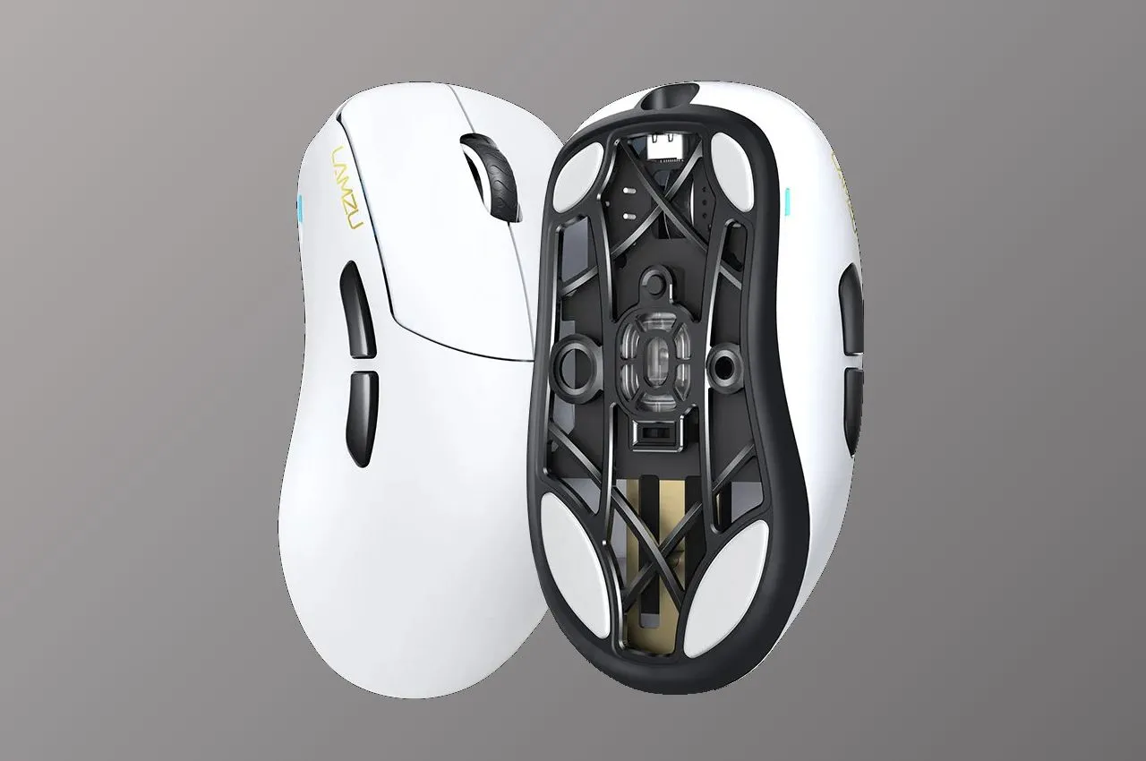 Cận cảnh mặt trên và mặt dưới của chuột gaming không dây Lamzu Thorn màu trắng, nổi bật thiết kế công thái học nhẹ.