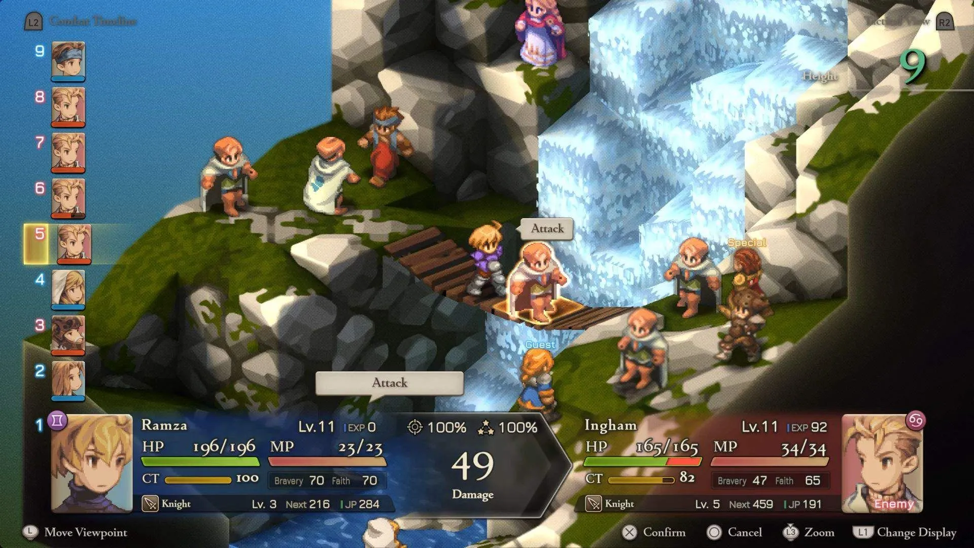 Cảnh chiến đấu hoành tráng bên thác nước trong bản remaster của Final Fantasy Tactics: The Ivalice Chronicles.