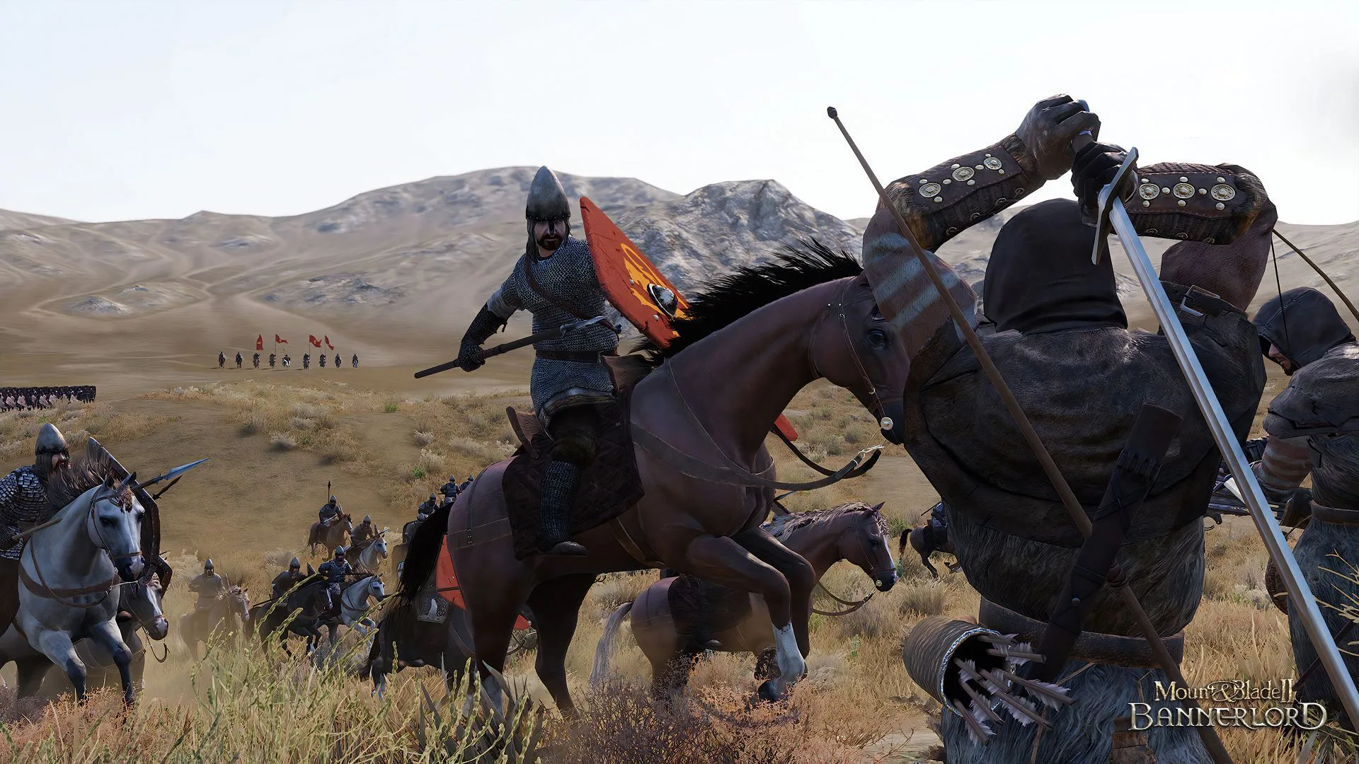 Cảnh chiến đấu trên lưng ngựa trong Mount &amp; Blade II: Bannerlord, một kỵ binh lao vào đội hình bộ binh, minh họa quy mô trận chiến trong game nhập vai chiến thuật.