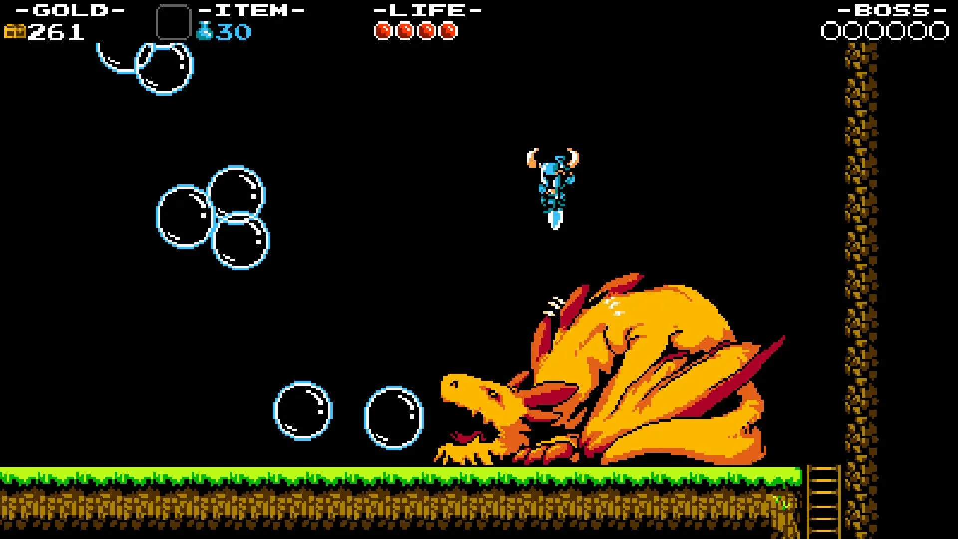 Cảnh chiến đấu với boss rồng bong bóng trong game Shovel Knight, minh họa game nền tảng 2D