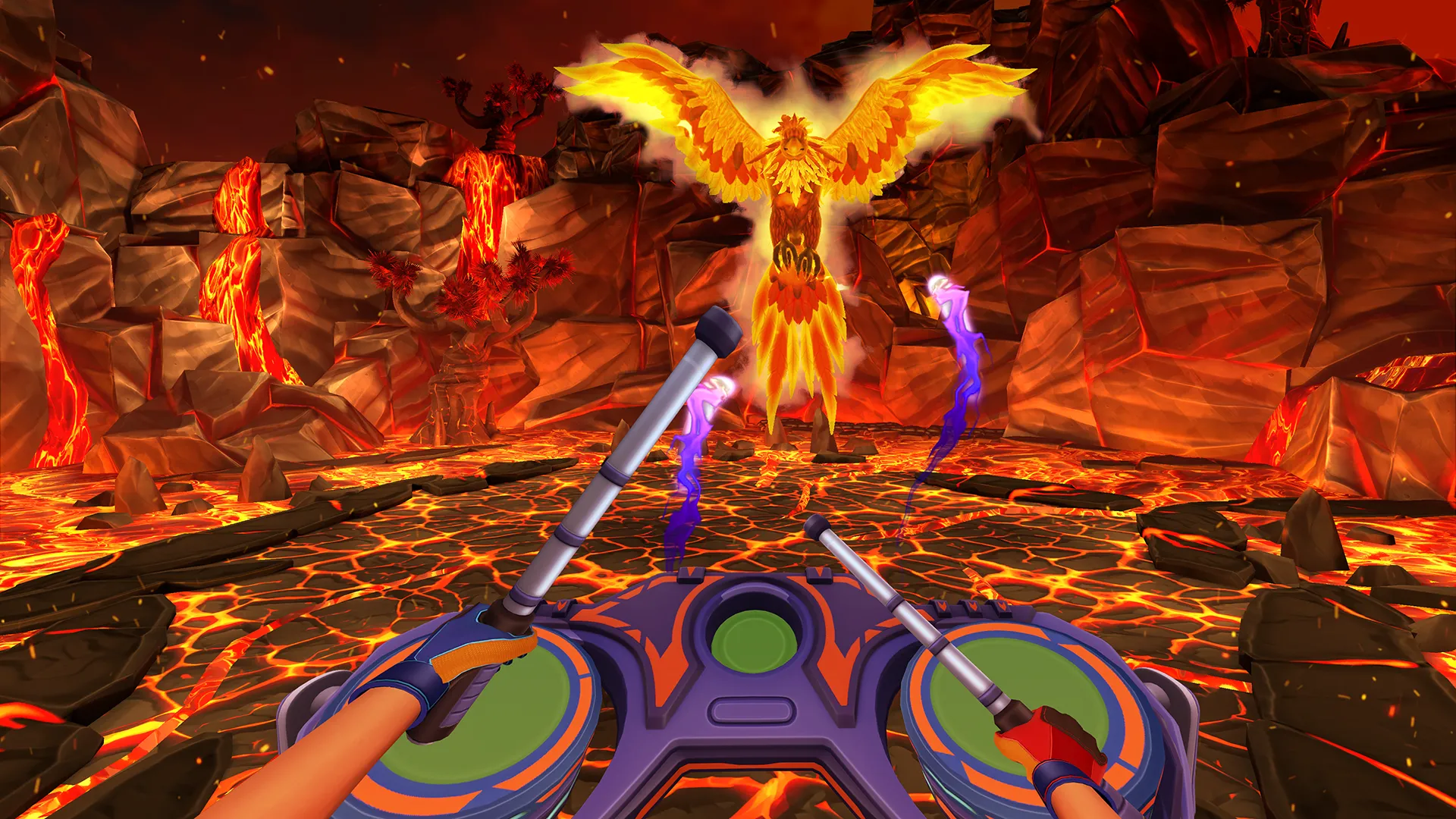 Cảnh chiến đấu với quái vật chim phượng hoàng lửa trong tựa game tập luyện thực tế ảo Fitness Fables.