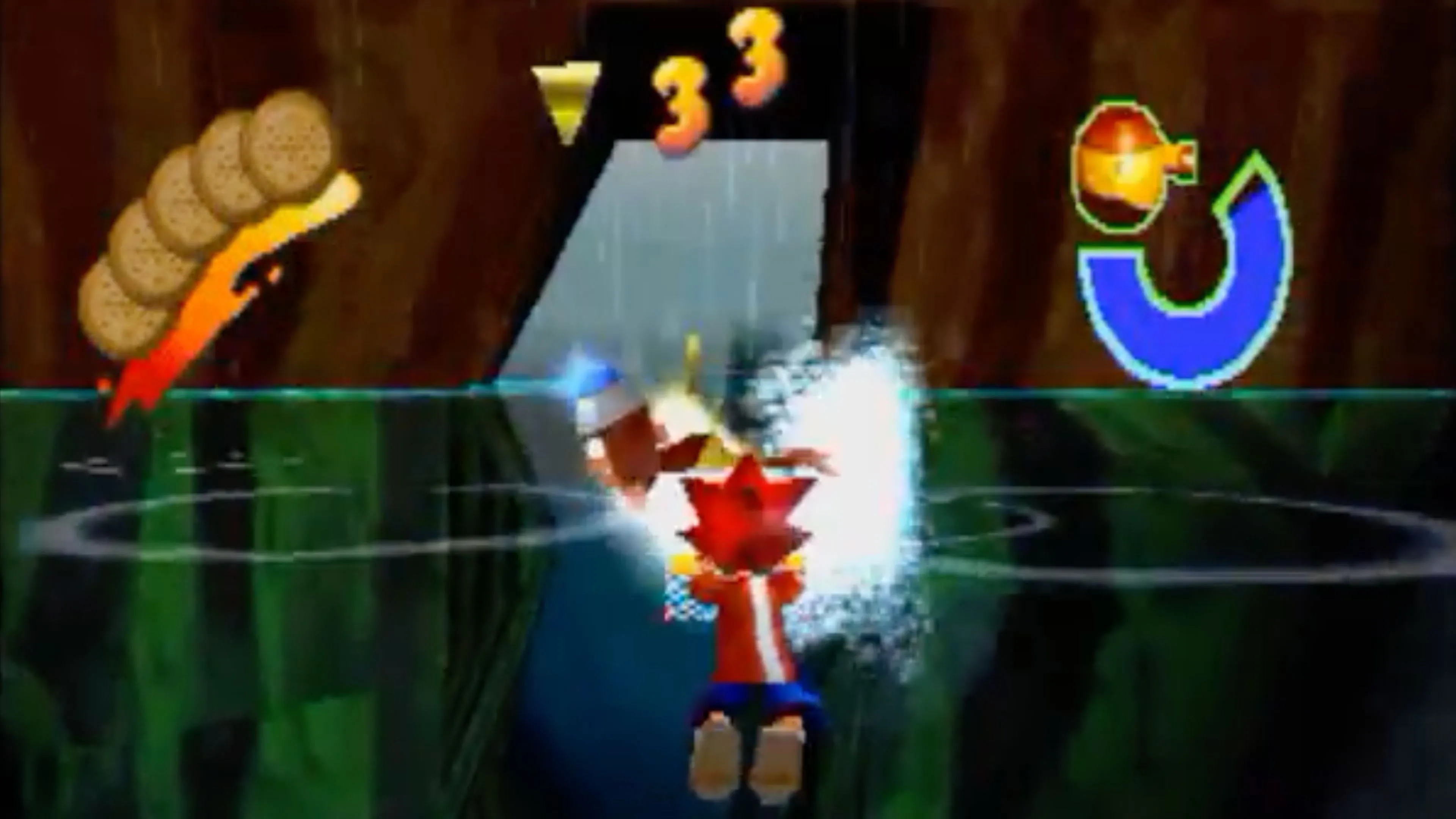 Cảnh chơi game Ape Escape với Spike đang bắt khỉ, thể hiện gameplay sử dụng DualShock sáng tạo.