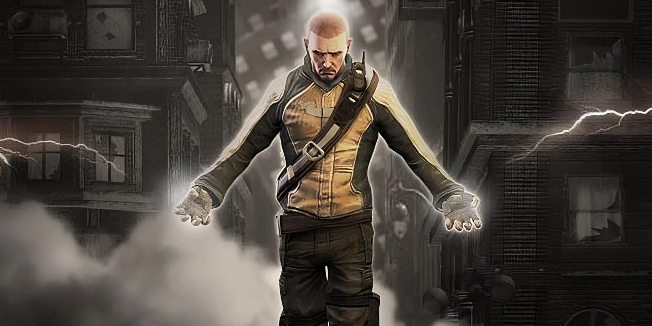 Cảnh Cole MacGrath sử dụng năng lực điện trong game Infamous, thể hiện khả năng chiến đấu và di chuyển linh hoạt.