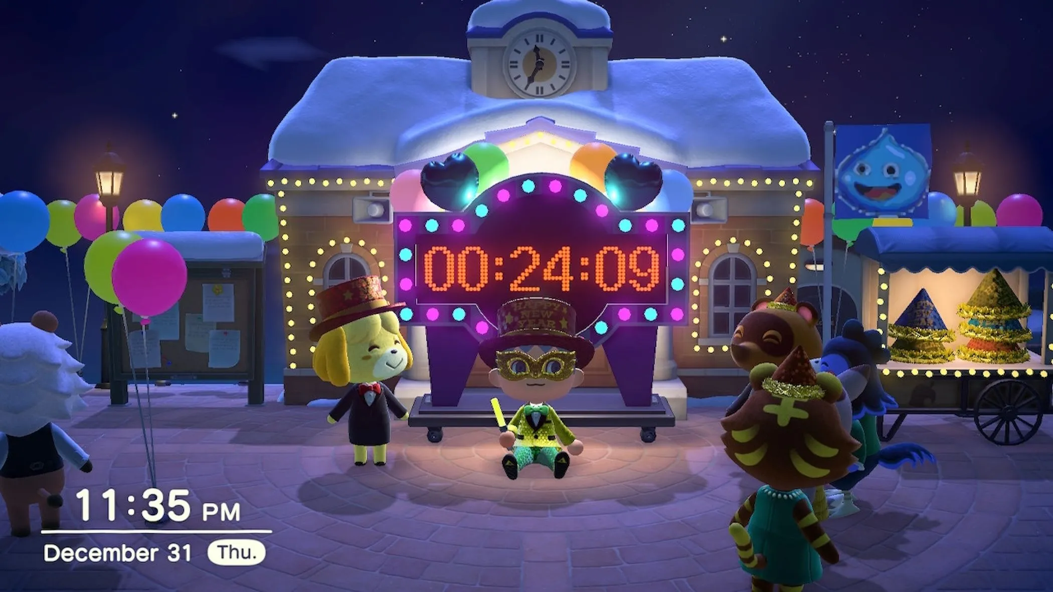 Cảnh đón Giao Thừa trong Animal Crossing: New Horizons, minh họa sức hút của dòng game mô phỏng đời sống cho Nintendo Switch 2