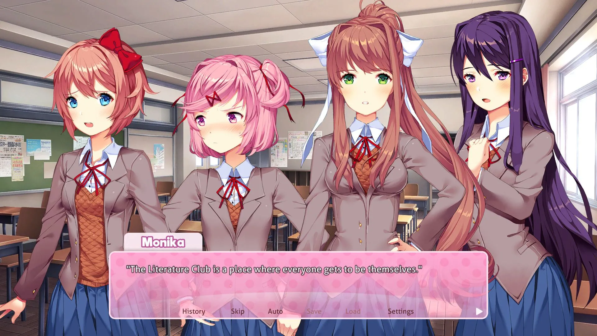 Cảnh game Doki Doki Literature Club với giao diện hội thoại và nhân vật anime