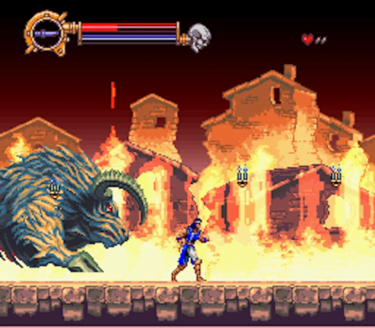 Cảnh gameplay Castlevania X với nhân vật đang chiến đấu quái vật, điển hình game Metroidvania 2D