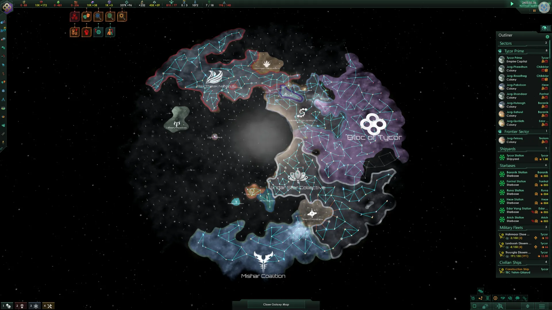Cảnh gameplay từ Stellaris: Console Edition, hiển thị bản đồ thiên hà và các giao diện quản lý đế chế, minh họa độ phức tạp của game chiến thuật không gian này.