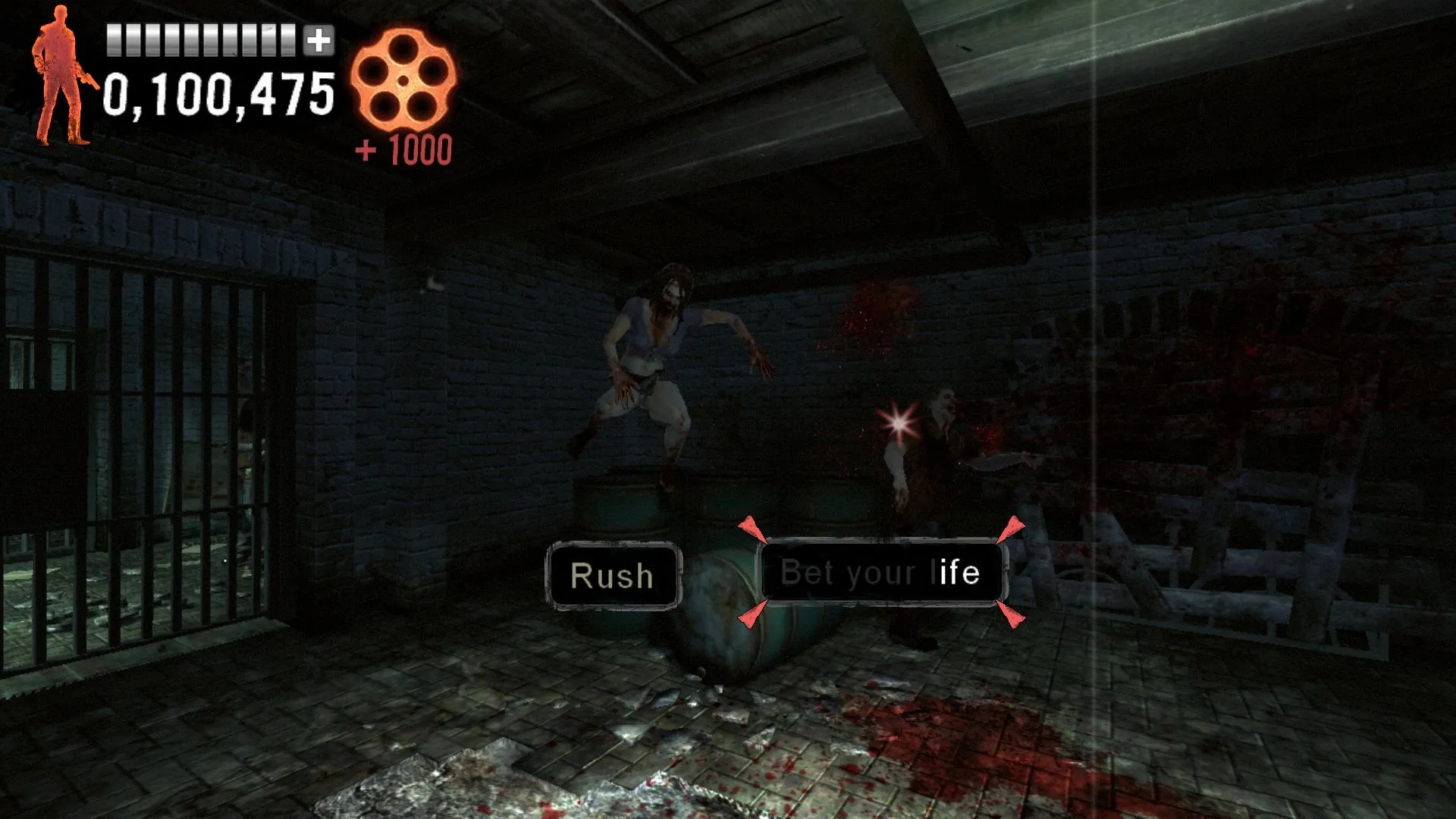 Cảnh hành động trong The Typing of the Dead Overkill, một game bắn zombie độc đáo đòi hỏi kỹ năng gõ phím.