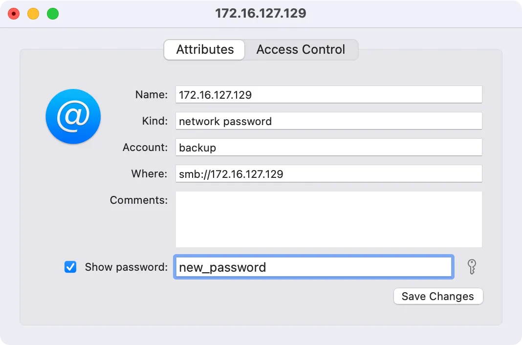 Cập nhật mật khẩu chia sẻ mạng đã lưu trong ứng dụng Keychain Access trên macOS.