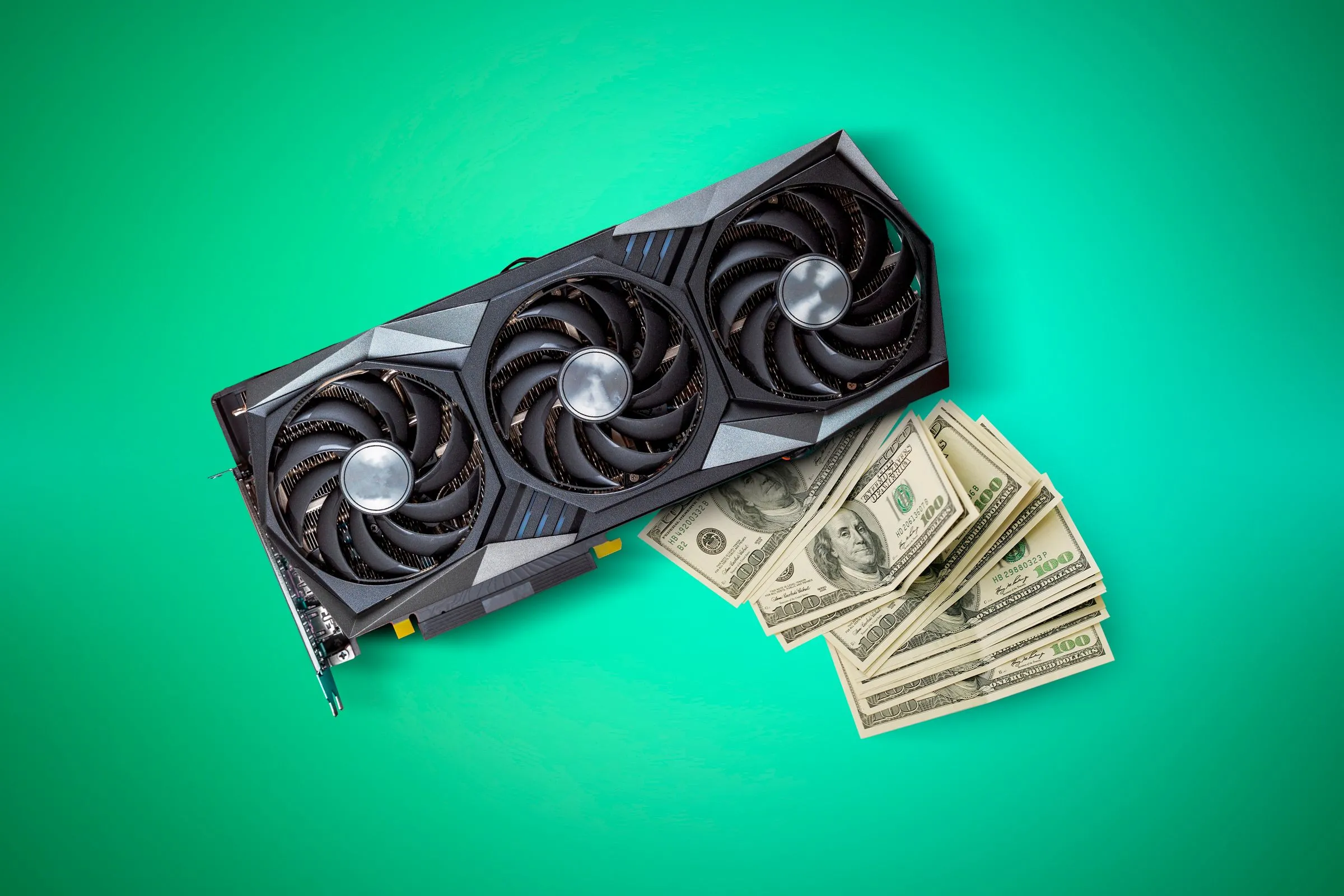 Card đồ họa GPU đặt trên những tờ đô la, tượng trưng cho giá cả cao