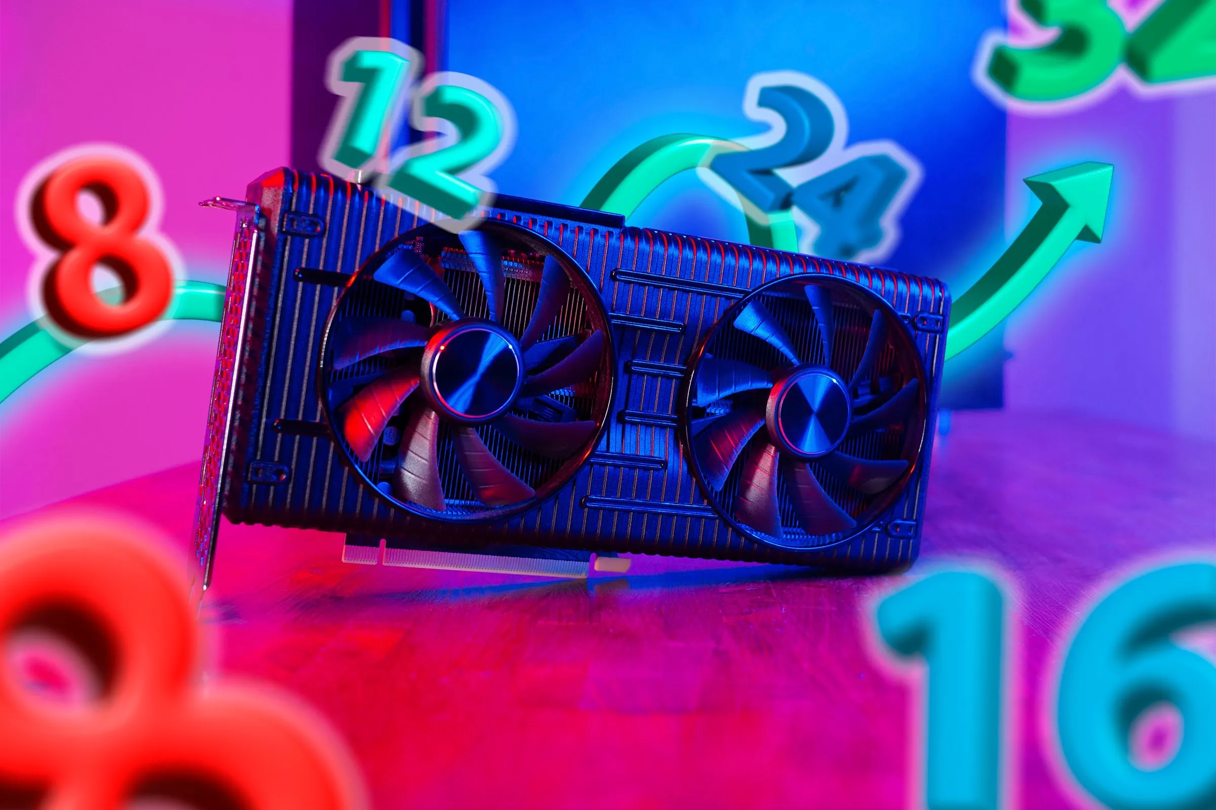 Card đồ họa GPU với các con số và dữ liệu kỹ thuật xung quanh