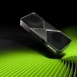 Card đồ họa NVIDIA GeForce RTX 5090 với logo GeForce trên nền xanh, đại diện cho dòng GPU mạnh mẽ.