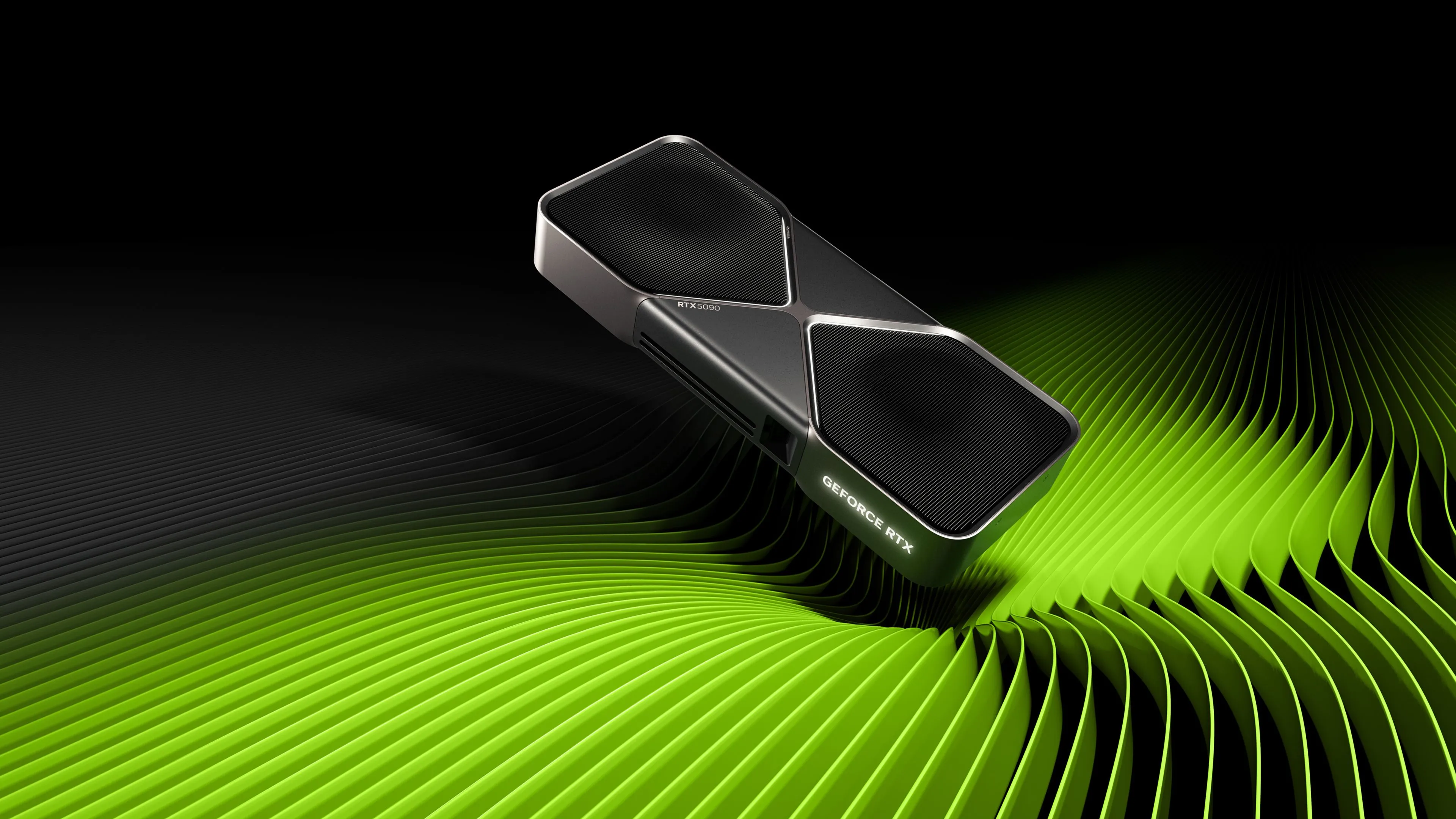 Card đồ họa NVIDIA GeForce RTX 5090 với logo GeForce trên nền xanh, đại diện cho dòng GPU mạnh mẽ.