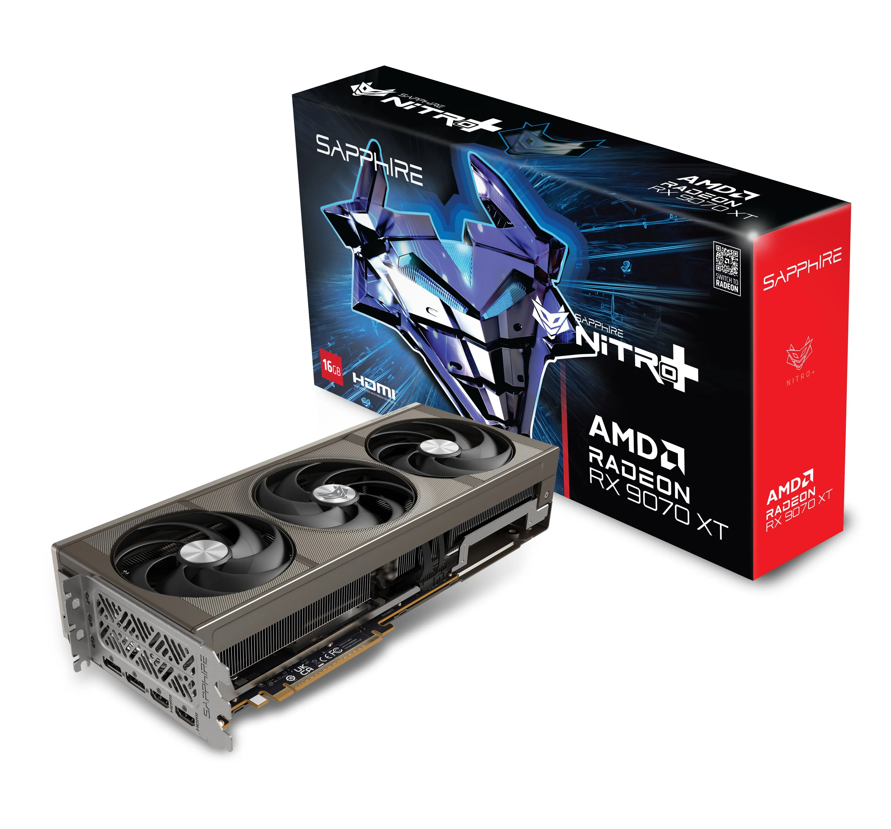 Card đồ họa Sapphire NITRO+ AMD Radeon RX 9070 XT với thiết kế tản nhiệt tùy chỉnh, nổi bật với hệ thống làm mát hiệu quả và bộ nhớ GDDR6.