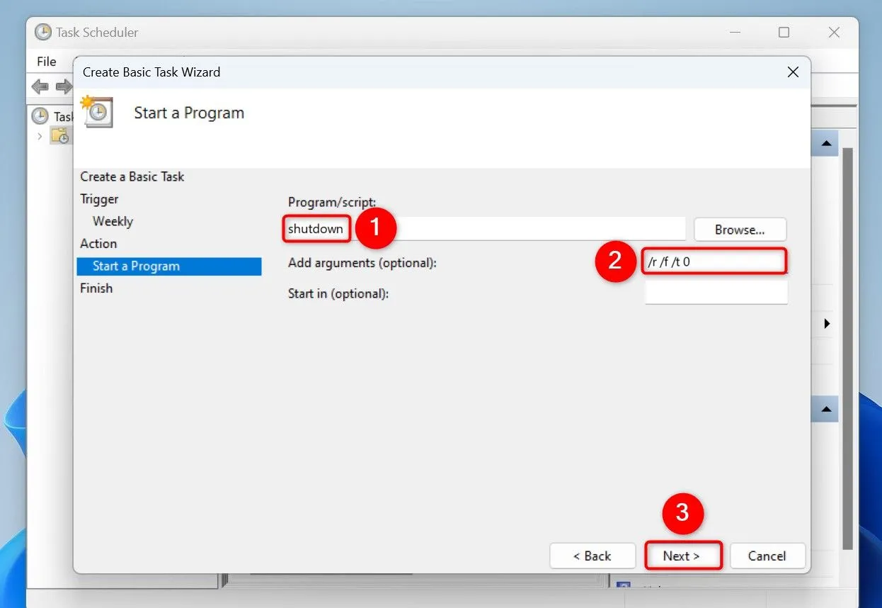 Cấu hình hành động cho tác vụ trong Task Scheduler, sử dụng lệnh &quot;shutdown&quot; với các đối số để tự động khởi động lại PC
