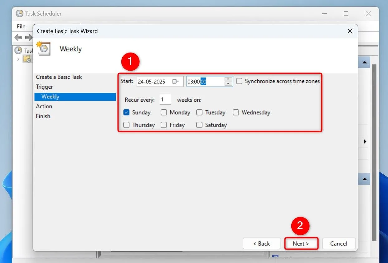 Cấu hình ngày và giờ bắt đầu cho tác vụ tự động khởi động lại máy tính trong Task Scheduler