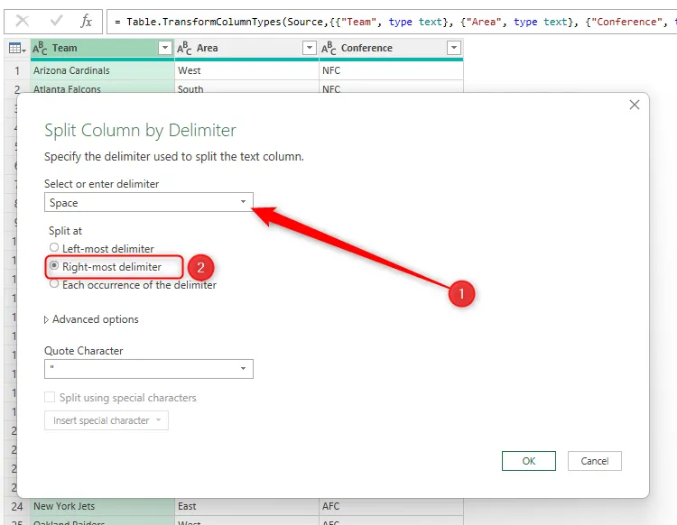 Cấu hình Split Column By Delimiter trong Power Query Editor, chọn Space và Right-most delimiter
