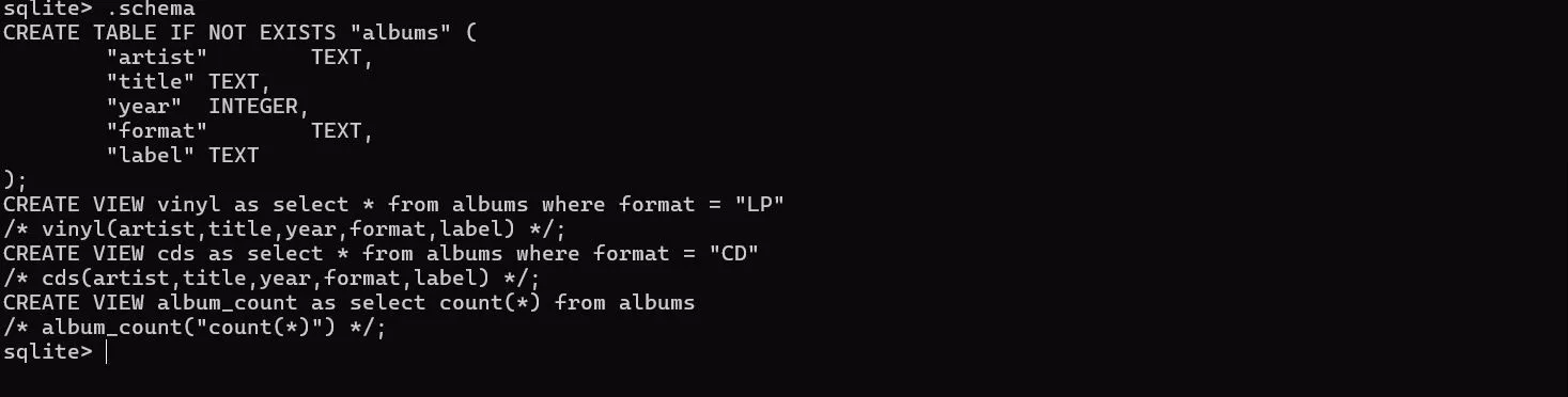 Cấu trúc lược đồ (schema) của cơ sở dữ liệu quản lý bộ sưu tập nhạc trong SQLite.