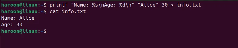 Chèn và xem nội dung file mới tạo sử dụng lệnh printf và cat trên Linux terminal