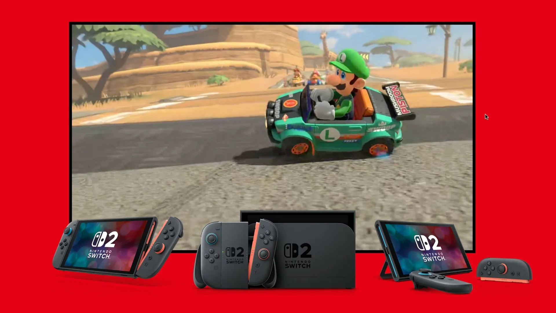 Chiếc máy Nintendo Switch 2 hiển thị hình ảnh game Mario Kart World sống động, minh họa trải nghiệm chơi game trên thiết bị.