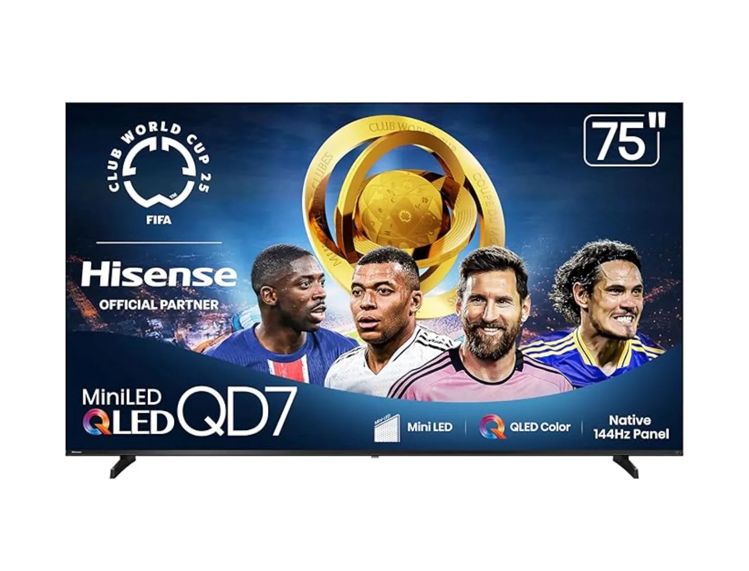 Chiếc TV Hisense 75 inch QD7 Mini-LED với màn hình hiển thị hình ảnh sắc nét, rực rỡ, làm nổi bật công nghệ hiển thị tiên tiến và kích thước lớn phù hợp cho không gian giải trí.