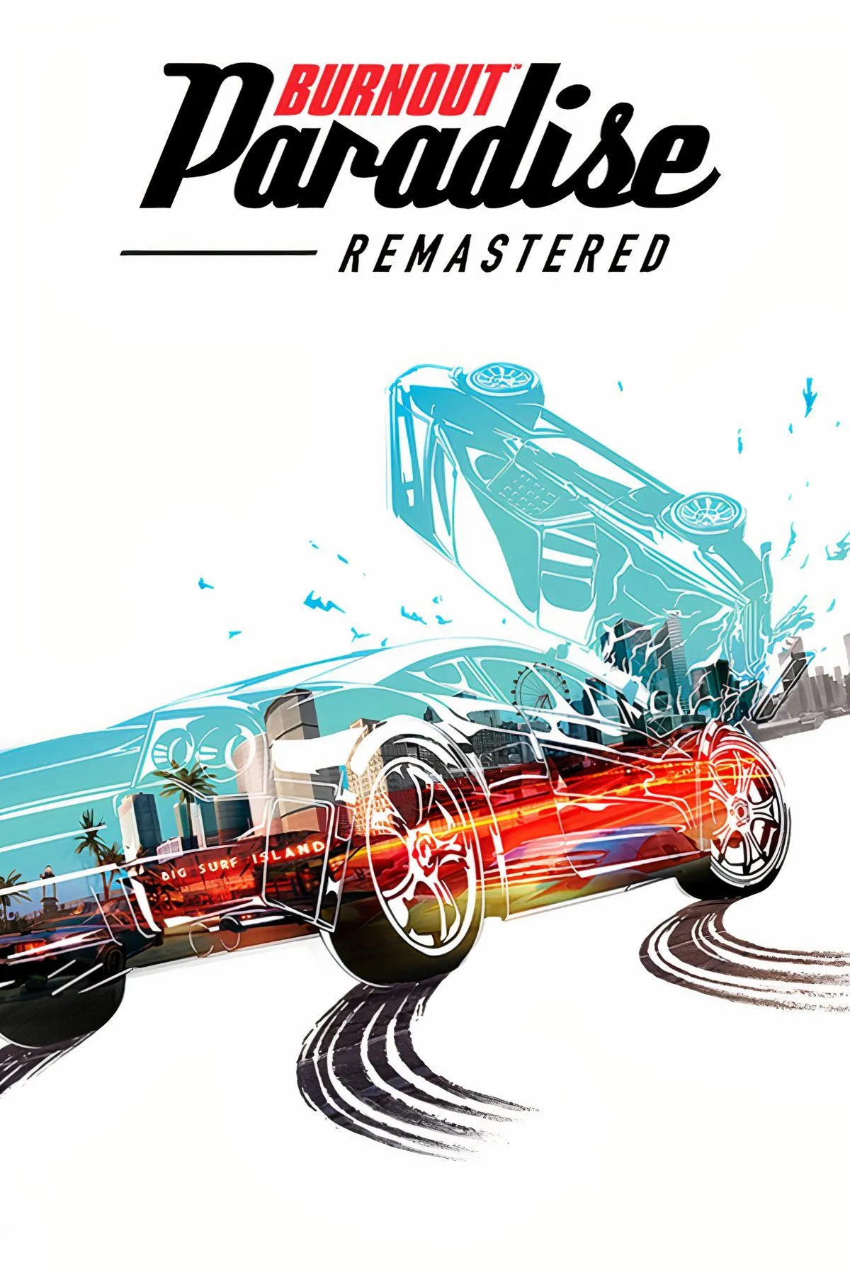 Chiếc xe đua lao vun vút trên đường cao tốc của Burnout Paradise Remastered với hiệu ứng cháy nổ chân thực